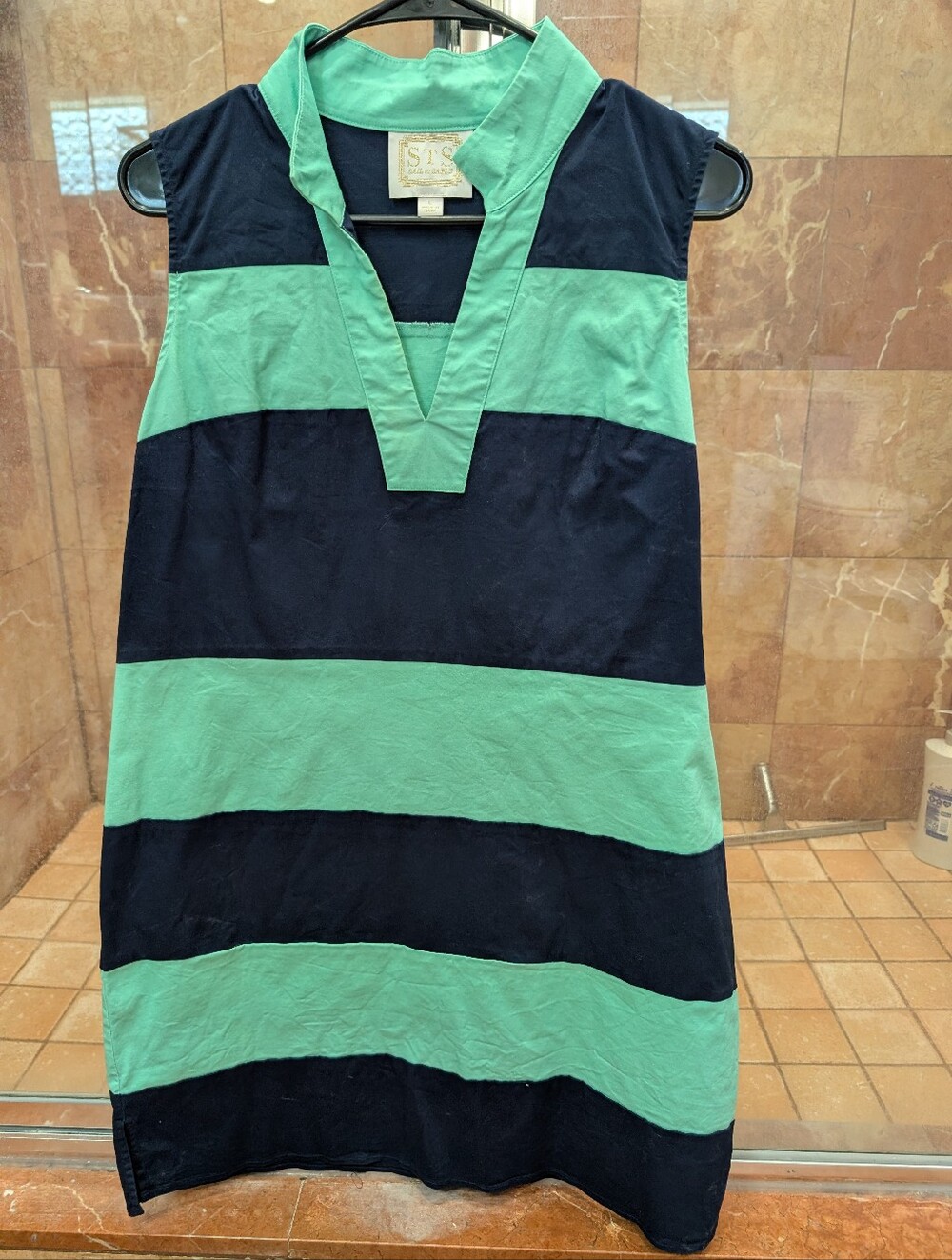 Sail To Sable Blue and Mint Green Striped Collard Sleeveless Tunic